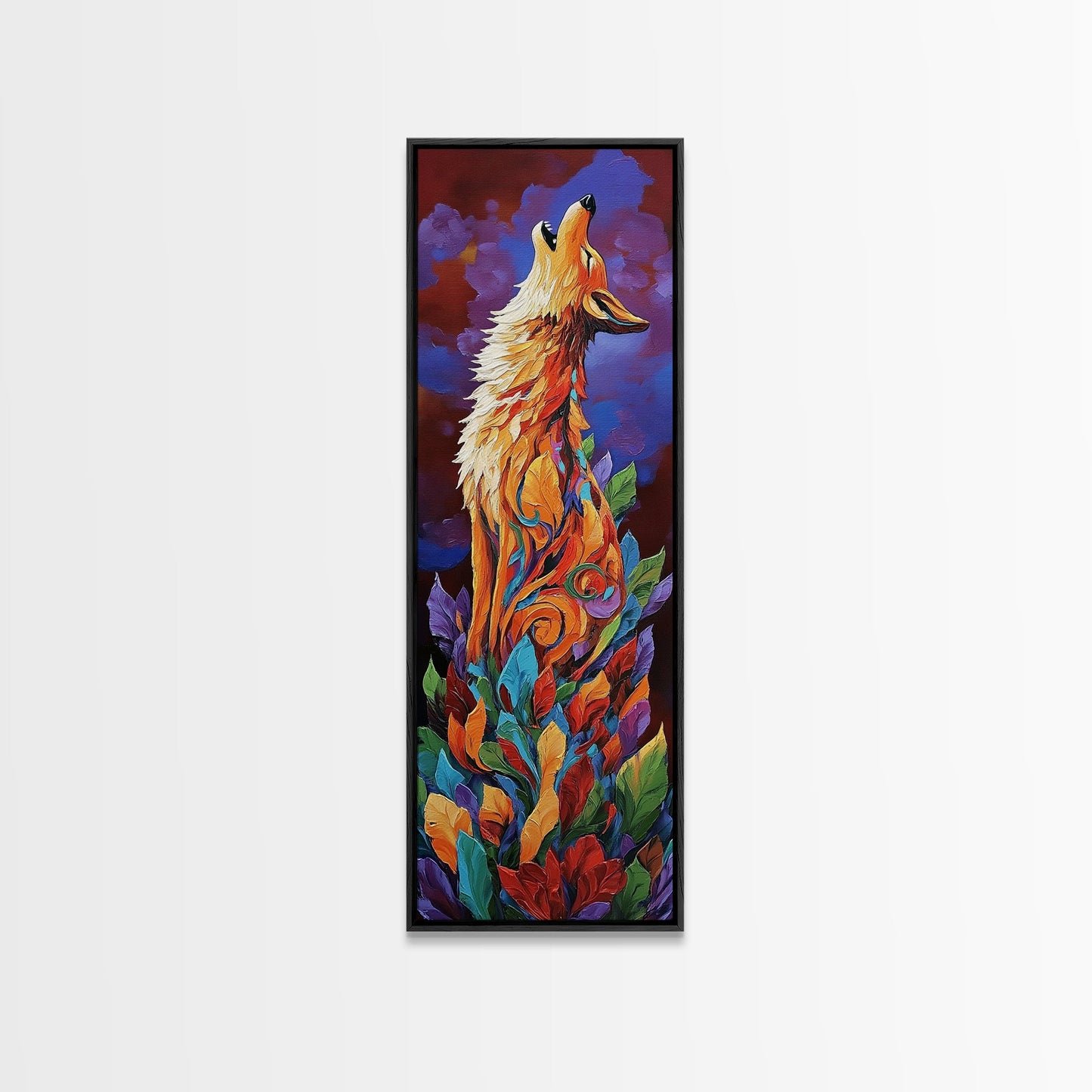 Colorful Howling Wolf Canvas Print rustic decor, long narrow wall art, wildlife painting, tall skinny art, moody art, animal wall art, whimsical art, southwest wall art, Joshua tree art