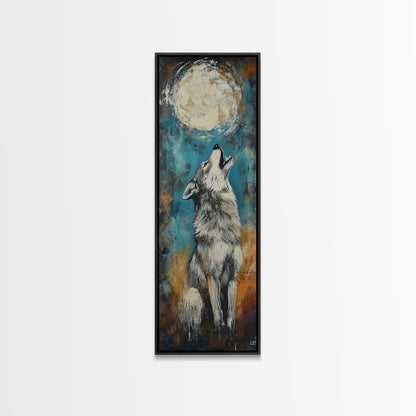 Full Moon Howling Wolf Canvas Print moody art, celestial wall art, nighttime painting, rustic decor, mountain painting, above bed wall art, blue and green wall art, bedroom art, southwest wall art