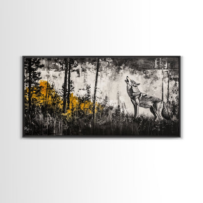 Howling Wolf, moody art, pine tree art, rustic wall art, forest at dusk painting, extra wide art, framed canvas print, southwestern art