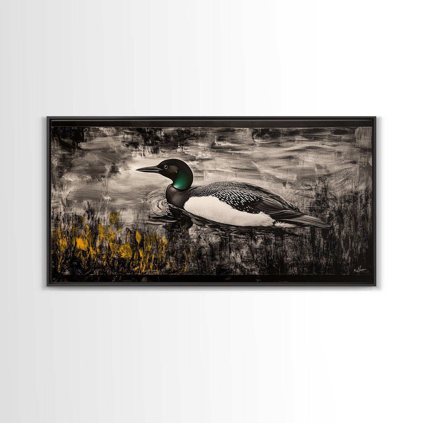 Loon Water Bird, Black and White Painting, Rustic Wildlife Art, Nature Wall Art, Lake House Decor, Framed Canvas Print, Extra Wide Art