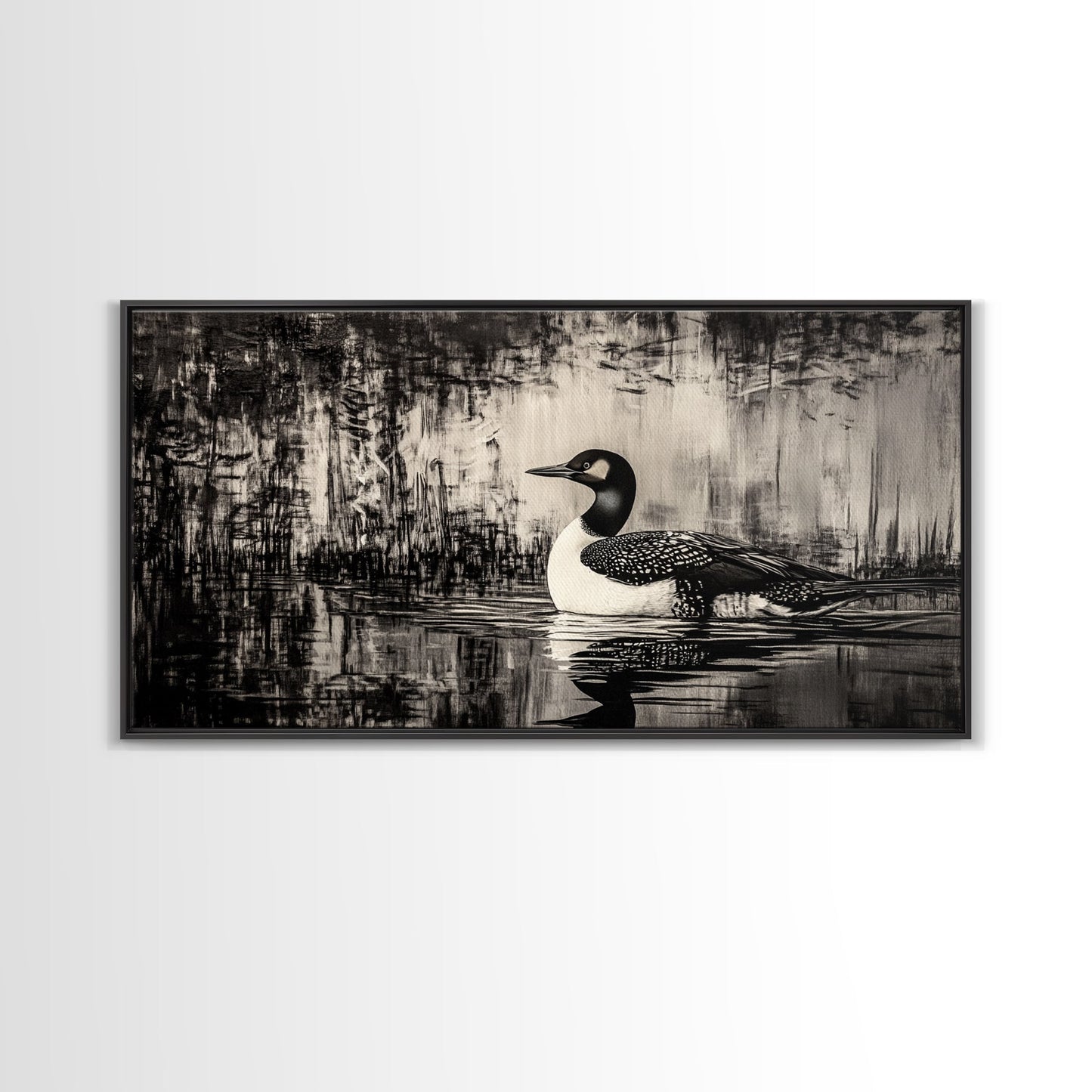 Loon Bird Art, Black and White Painting, Wildlife Wall Art, Rustic Decor, Framed Canvas Print, Lake House Art, Nature Lover Gift