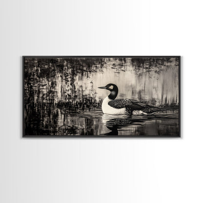 Loon Bird Art, Black and White Painting, Wildlife Wall Art, Rustic Decor, Framed Canvas Print, Lake House Art, Nature Lover Gift