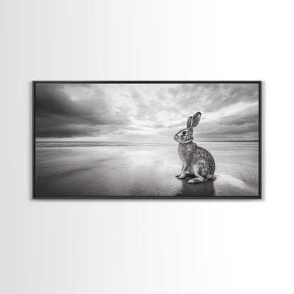 Rabbit Beach, whimsical art, coastal decor, animal painting, nature wall art, moody art, soft neutral tones, beach photography, Canvas Print