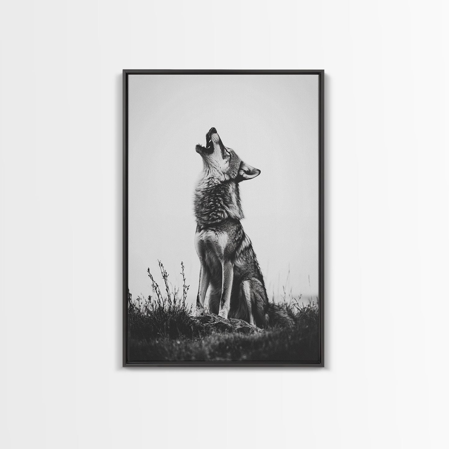Howling Wolf, wildlife art, moody art, rustic decor, nature photography, black and white animal print, framed canvas print, minimalist art