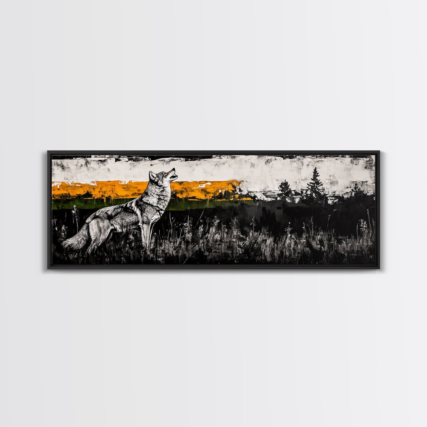 Howling Wolf Art, coyote painting, southwest wall art, rustic decor, black and white art, extra wide art, framed canvas print, panoramic painting