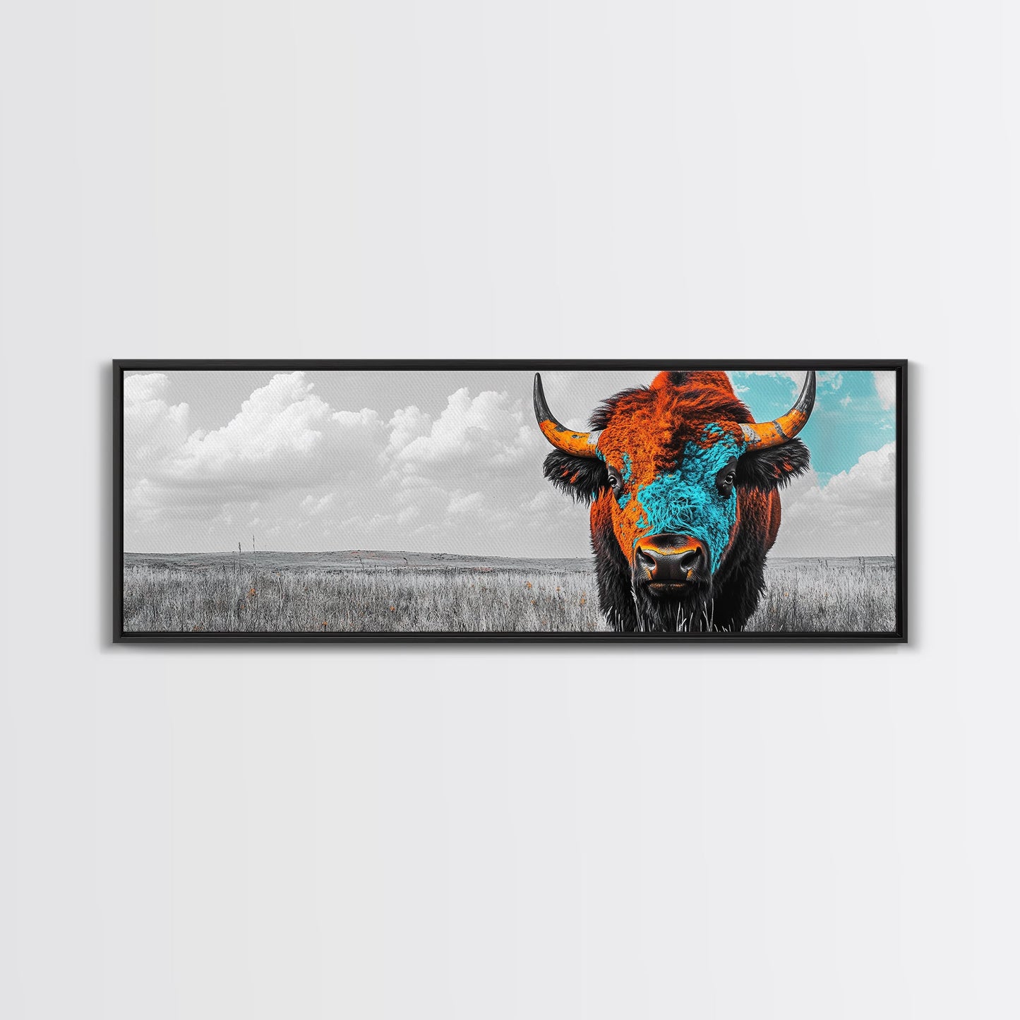 Bison Portrait, Southwest Wall Art, Buffalo Art, Native American Art, Moody Art, Panoramic Art, Rustic Decor, Framed Canvas Print
