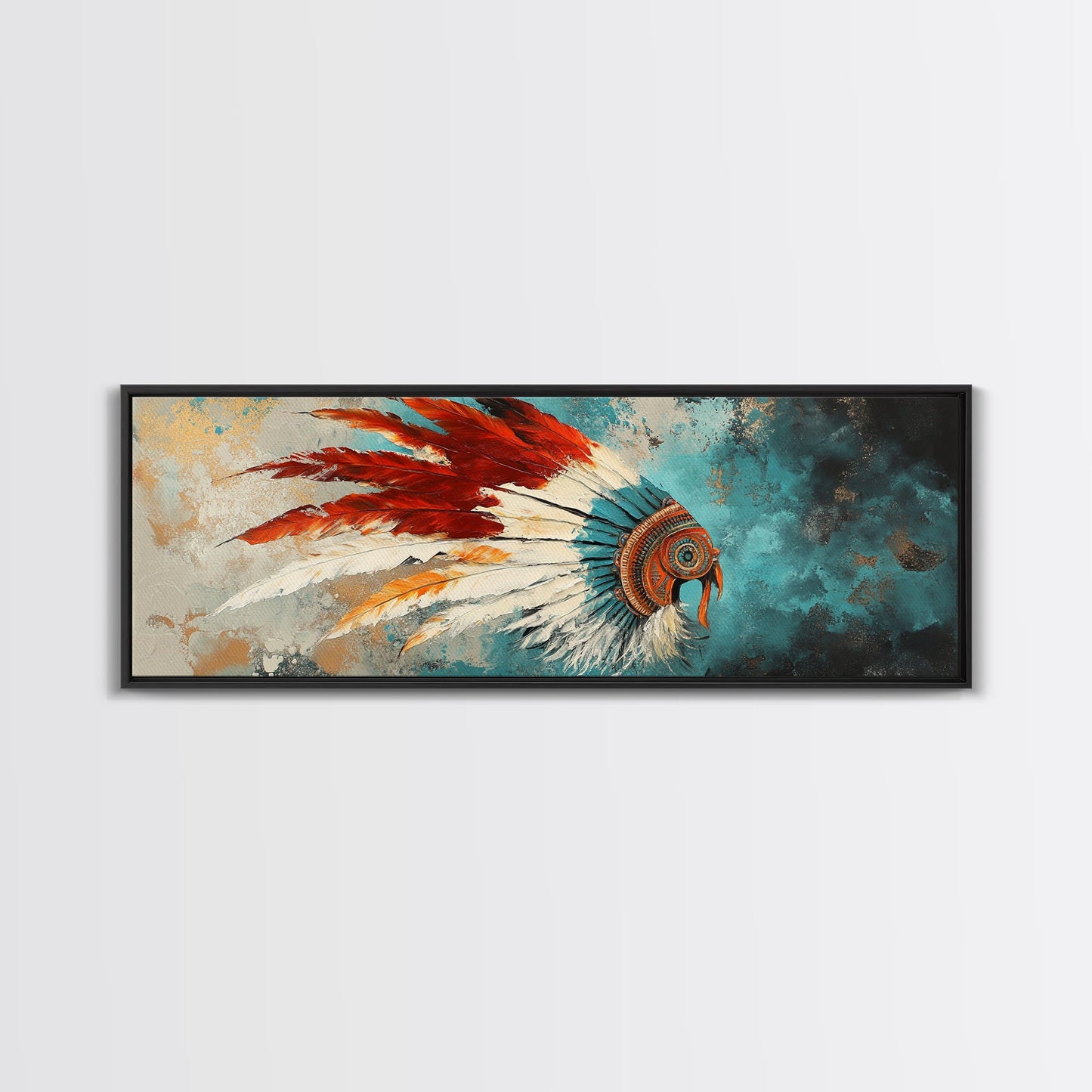 Native American Headdress, modern portrait, southwest wall art, moody art, framed canvas print, gift idea for her