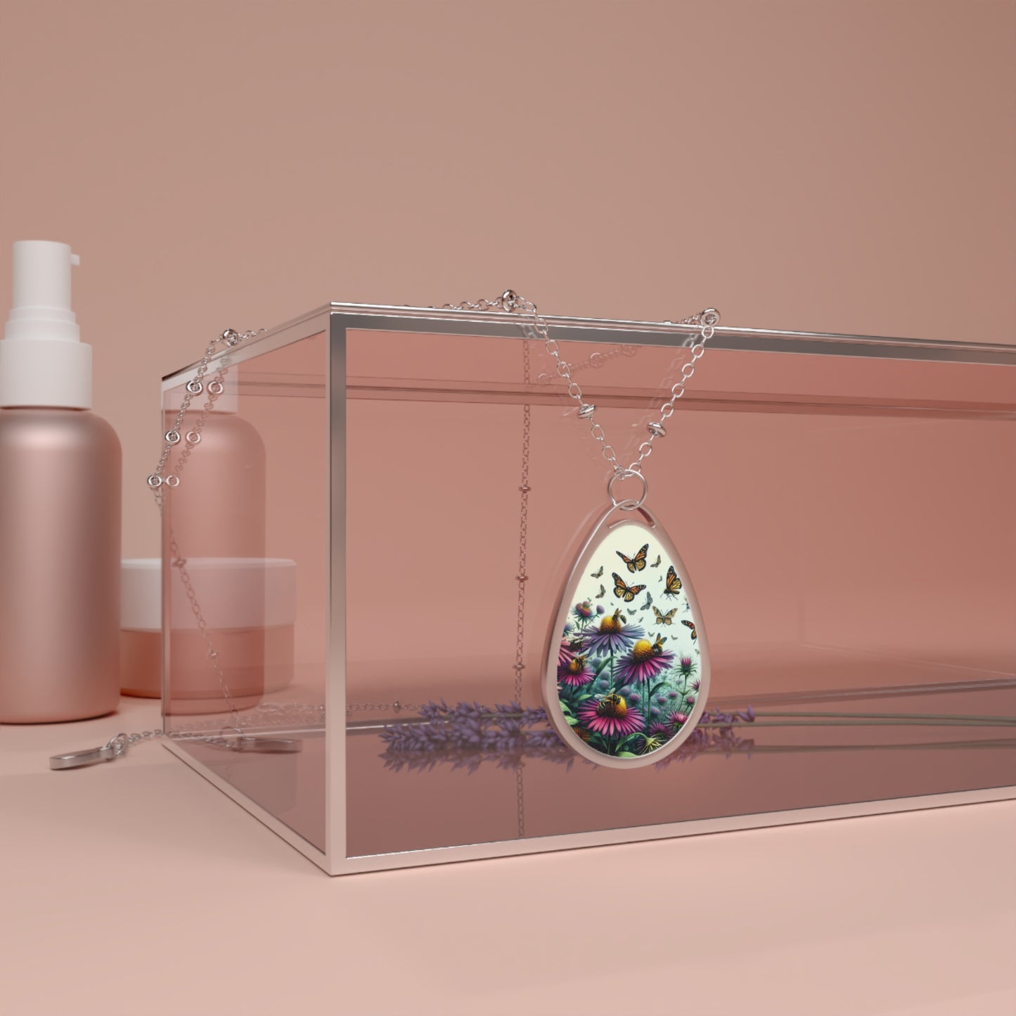 Necklace, Oval, Asters & Monarch