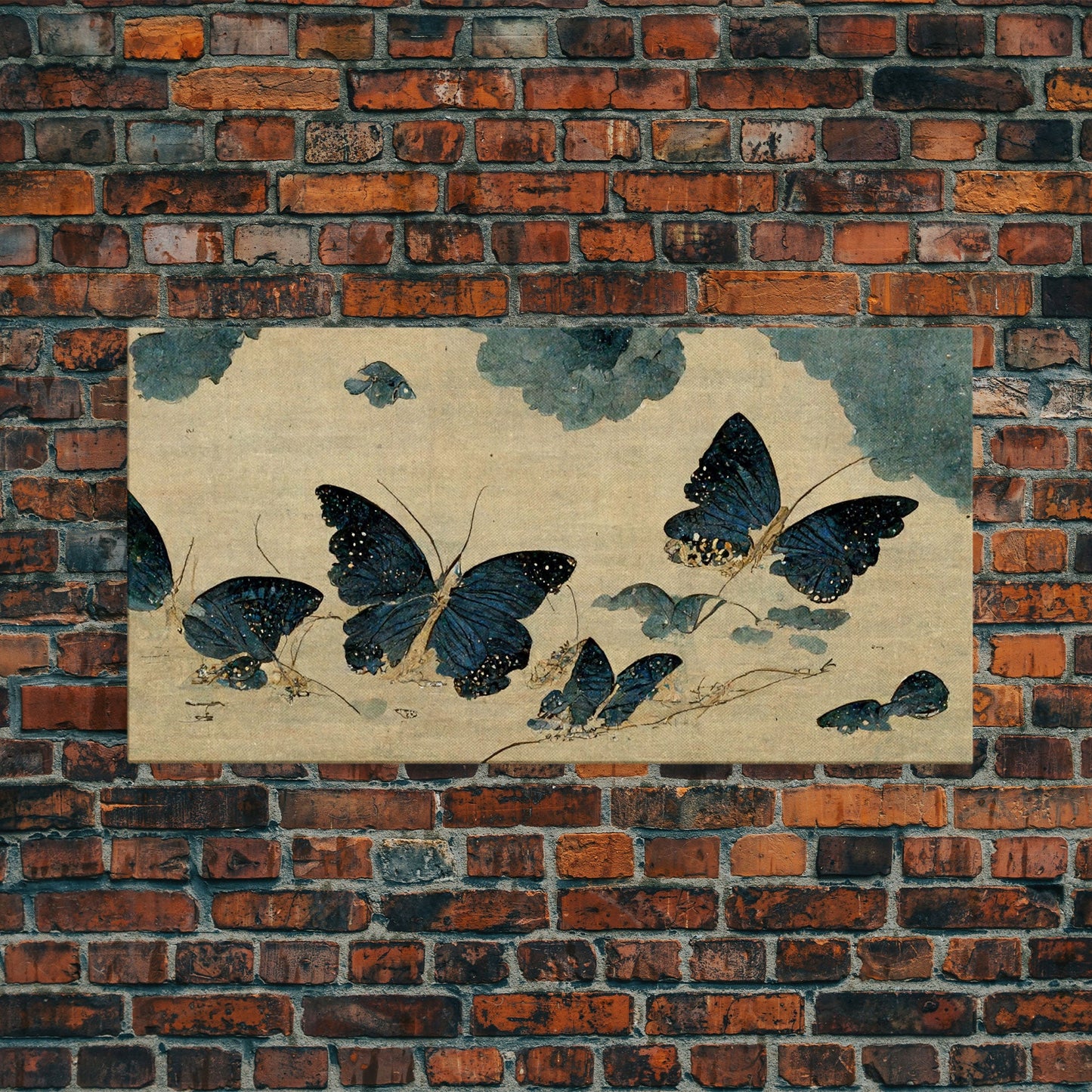 Retro Japanese Style Butterflies Wall Art, Framed Canvas Print, Framed Wall Art, Blue butterfly Art