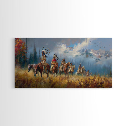 Native American Warriors on Horseback in Autumn Forest, Perfect Wall Art, Framed Canvas Print Living Room or Bedroom Decor, Historical Art