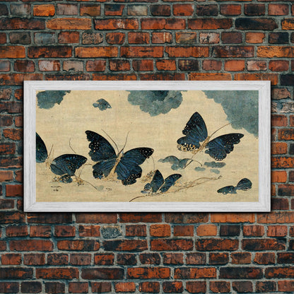 Retro Japanese Style Butterflies Wall Art, Framed Canvas Print, Framed Wall Art, Blue butterfly Art
