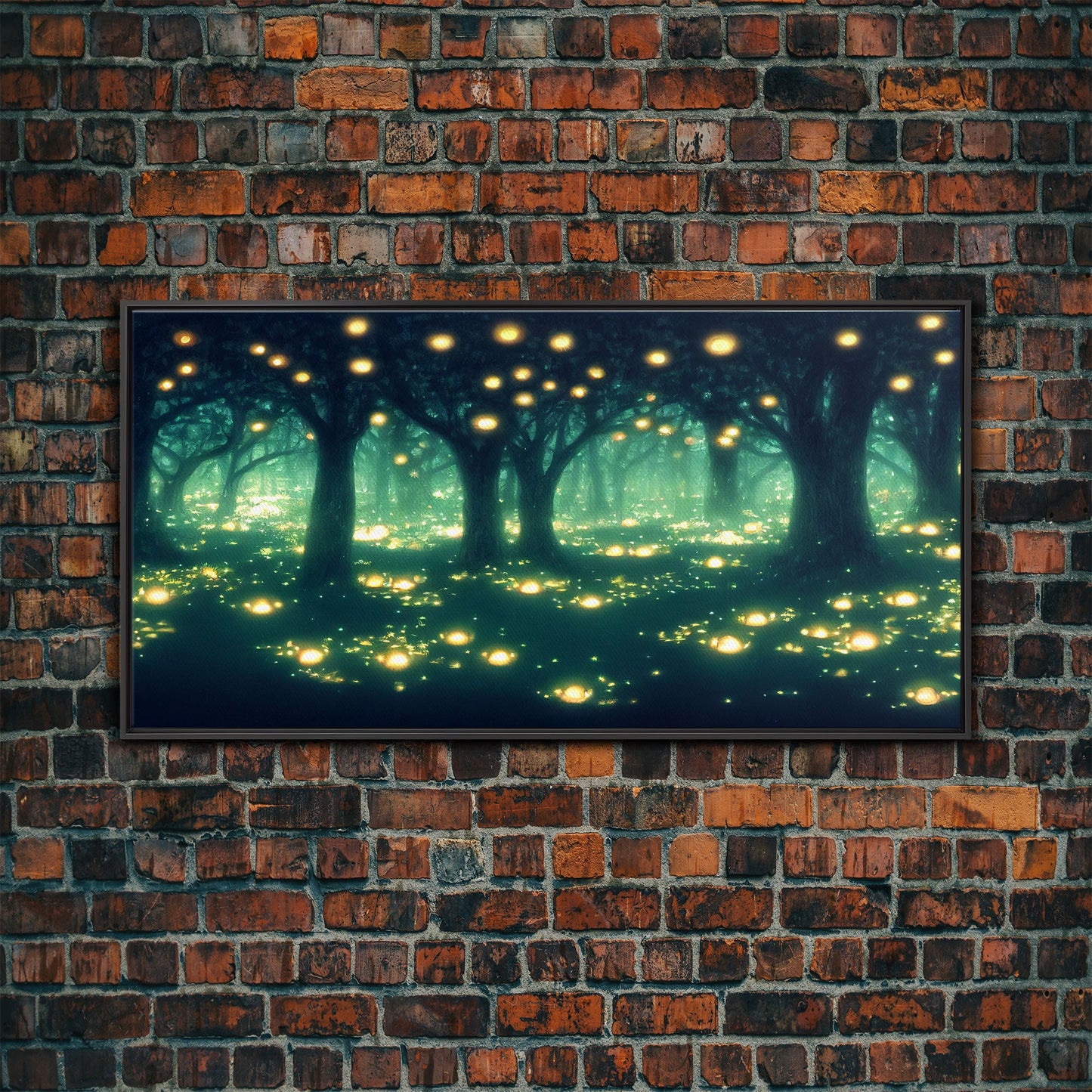 Fireflies At Night In A Fantasy Forest,  Framed Ready To Hang Canvas Print, beautiful wall art, guest room decor