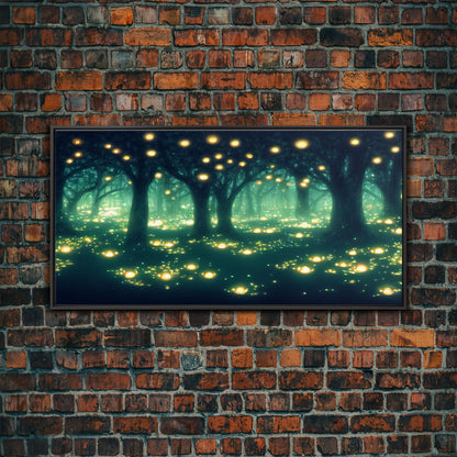 Fireflies At Night In A Fantasy Forest,  Framed Ready To Hang Canvas Print, beautiful wall art, guest room decor