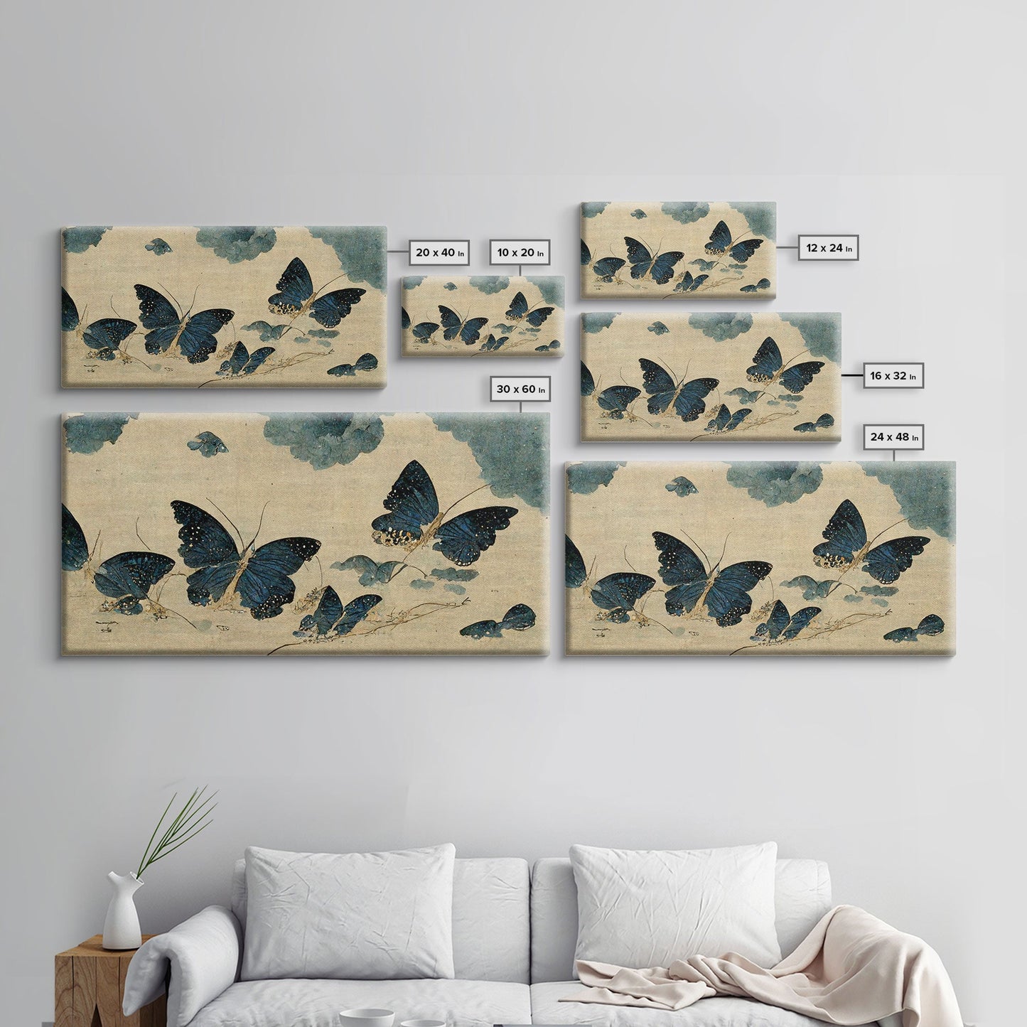 Retro Japanese Style Butterflies Wall Art, Framed Canvas Print, Framed Wall Art, Blue butterfly Art