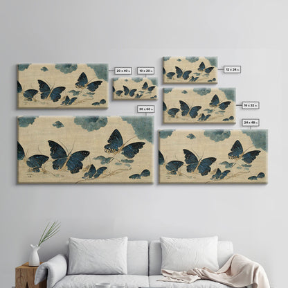 Retro Japanese Style Butterflies Wall Art, Framed Canvas Print, Framed Wall Art, Blue butterfly Art