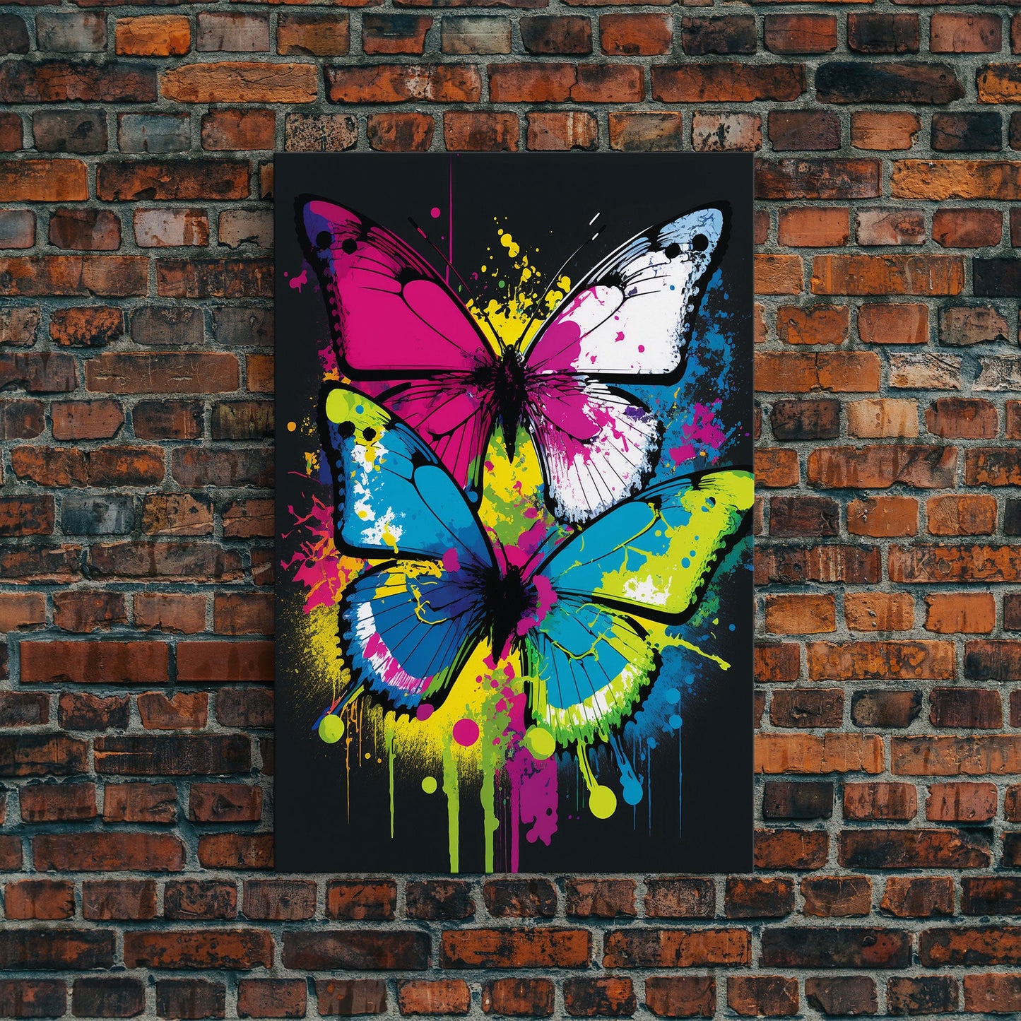 Graffiti Butterfly Art, Framed Canvas Print, Large Wall Art, Contemporary Punk Art, Butterflies, Pop Art, Paint Splatter Art