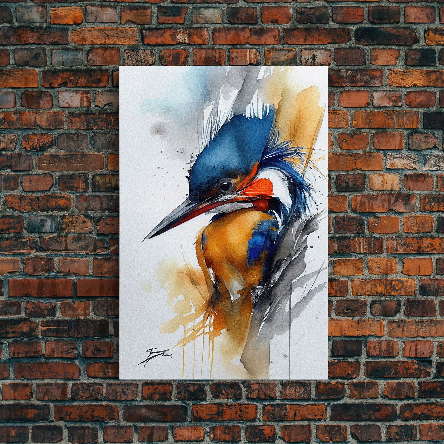 Watercolor of a Kingfisher, Framed Canvas Print, Bird Painting, Bird Watcher Art, Blue and Orange Kingfisher Watercolor Painting