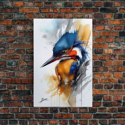 Watercolor of a Kingfisher, Framed Canvas Print, Bird Painting, Bird Watcher Art, Blue and Orange Kingfisher Watercolor Painting