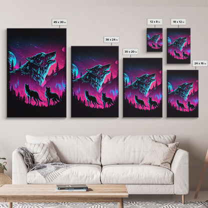 Wolves Howling at the moon, 3 wolf moon, framed canvas print, vaporwave art, Animal art, predator art