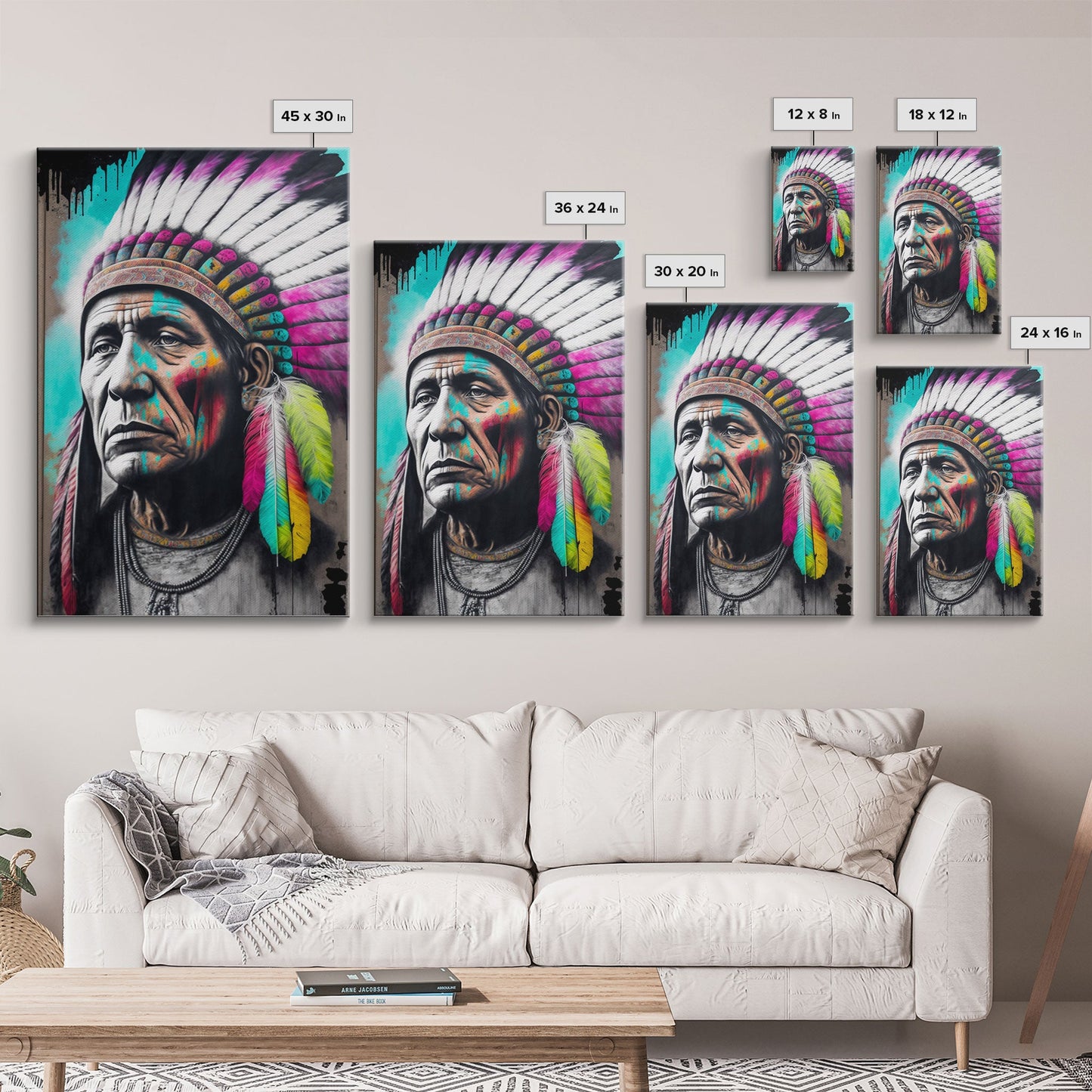 The Warrior, Native American Chief, Graffiti Art Portrait, Framed Canvas Print, Rainbow Feather Mohawk, Pop Art Portrait