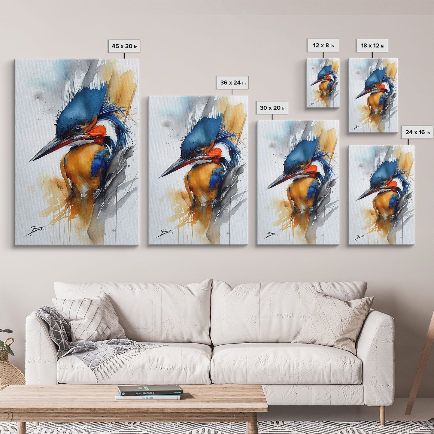 Watercolor of a Kingfisher, Framed Canvas Print, Bird Painting, Bird Watcher Art, Blue and Orange Kingfisher Watercolor Painting