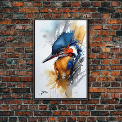 Watercolor of a Kingfisher, Framed Canvas Print, Bird Painting, Bird Watcher Art, Blue and Orange Kingfisher Watercolor Painting
