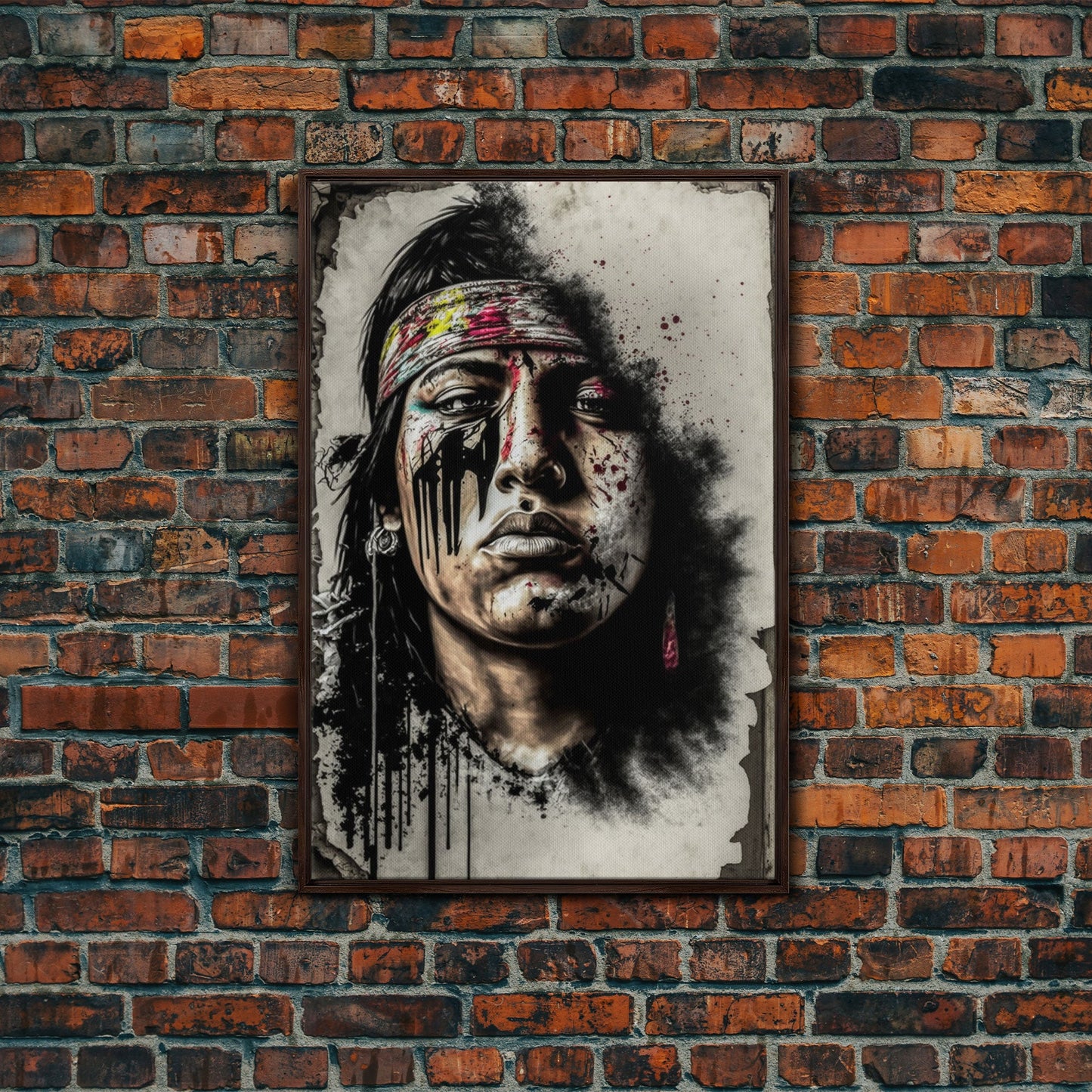 Brutal Graffiti Art, Native American Warriors Portrait, Framed Canvas Print