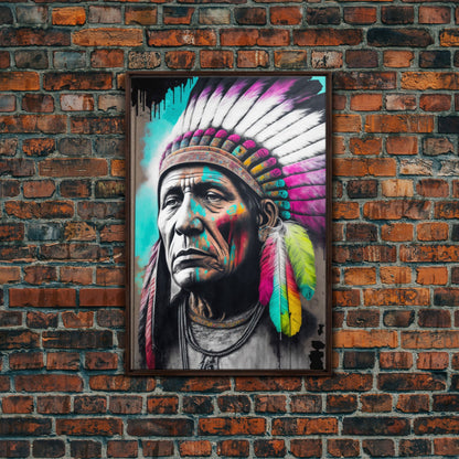 The Warrior, Native American Chief, Graffiti Art Portrait, Framed Canvas Print, Rainbow Feather Mohawk, Pop Art Portrait