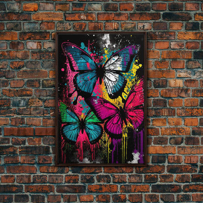 Graffiti Butterfly Art, Framed Canvas Print, Large Wall Art, Contemporary Punk Art, Butterflies, Pop Art, Paint Splatter Art