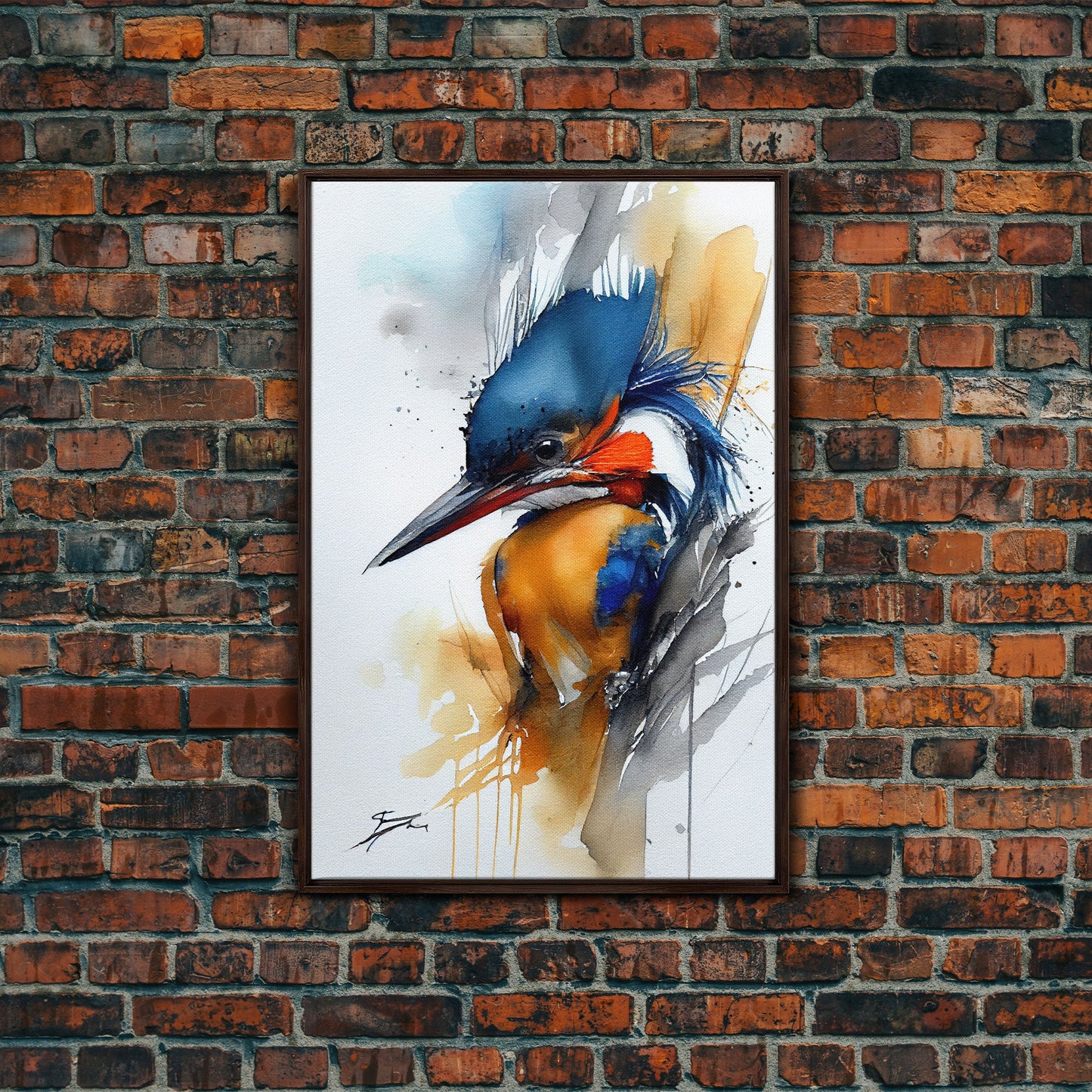 Watercolor of a Kingfisher, Framed Canvas Print, Bird Painting, Bird Watcher Art, Blue and Orange Kingfisher Watercolor Painting