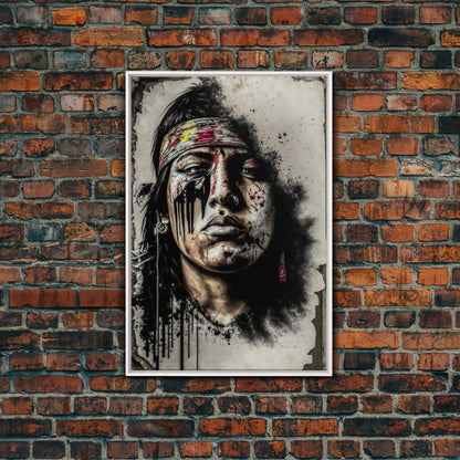 Brutal Graffiti Art, Native American Warriors Portrait, Framed Canvas Print