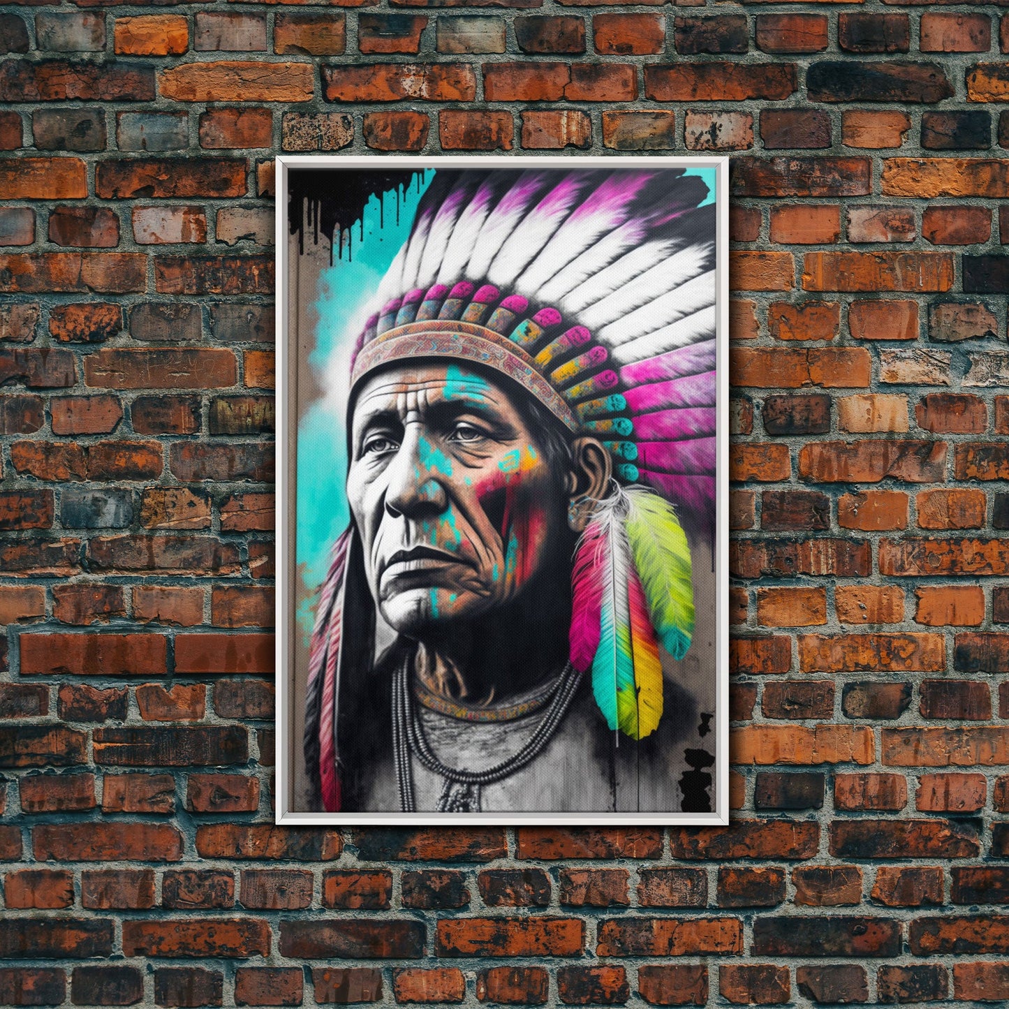 The Warrior, Native American Chief, Graffiti Art Portrait, Framed Canvas Print, Rainbow Feather Mohawk, Pop Art Portrait