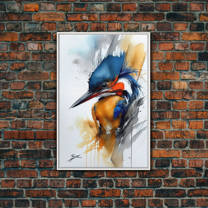Watercolor of a Kingfisher, Framed Canvas Print, Bird Painting, Bird Watcher Art, Blue and Orange Kingfisher Watercolor Painting
