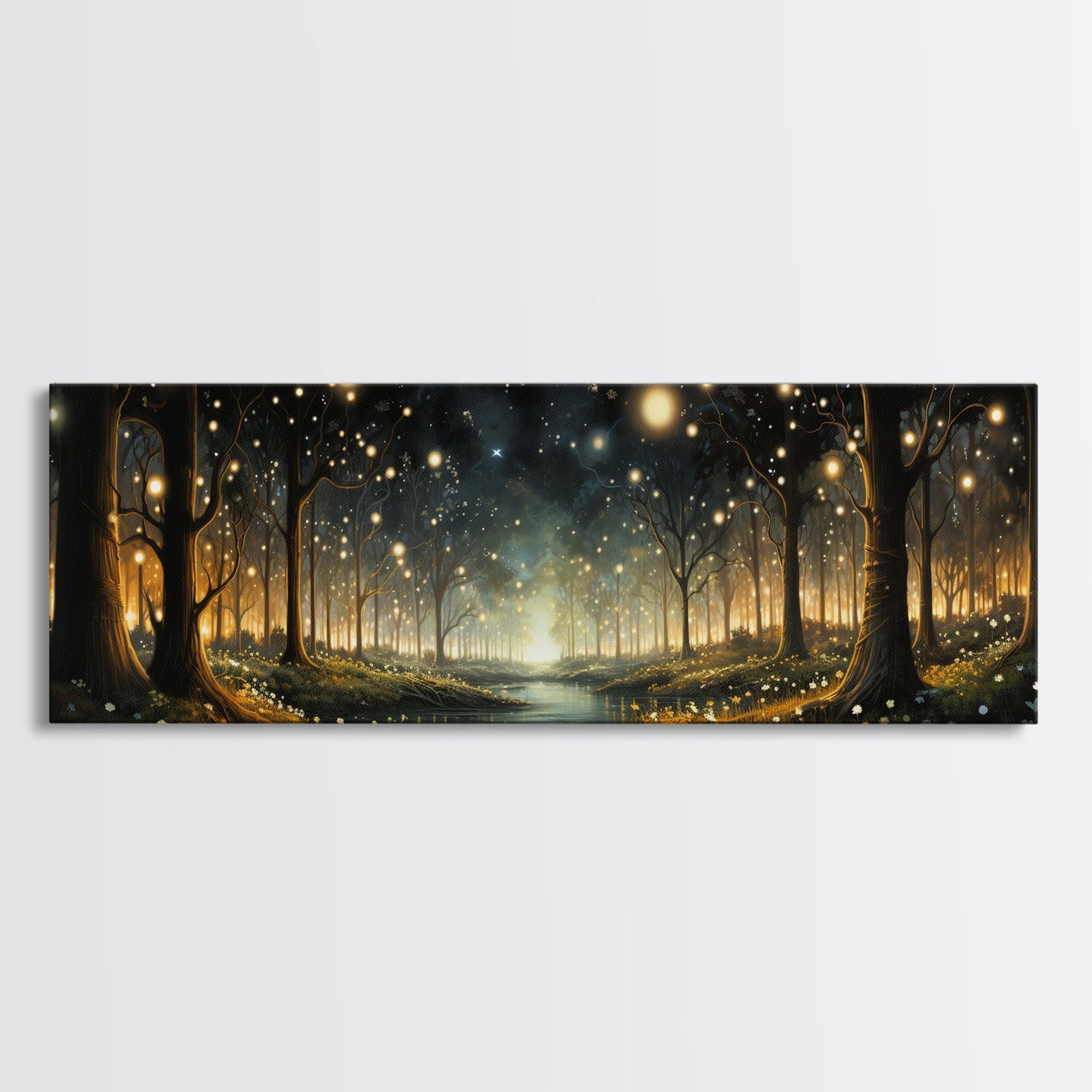 Fantasy Forest Fireflies - Framed Canvas Print - Gorgeous Fantasy Art with Glowing Lightning Bugs - Framed Wall Art for a Magical Touch