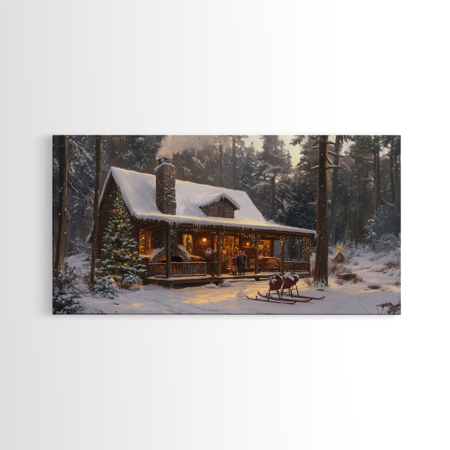 Cozy Christmas Cabin in Woods Framed Canvas Print - Rustic Christmas Decor and Winter Wonderland Scene with Holiday Wall Art