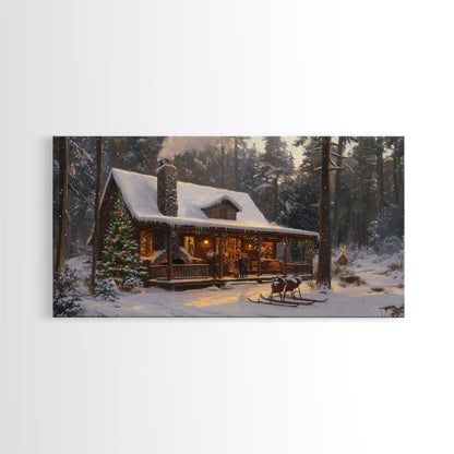 Cozy Christmas Cabin in Woods Framed Canvas Print - Rustic Christmas Decor and Winter Wonderland Scene with Holiday Wall Art