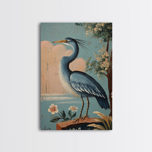 Blue Heron Vintage Print | Coastal Wall Decor | Blue Heron Painting | Beach House Decor | Blue Heron Oil Painting Nautical Wall Art