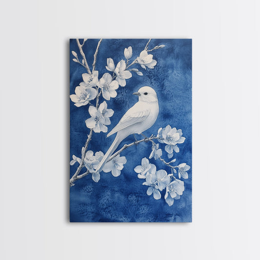 Blue Botanial Wall Art Chinoiserie Wall Art, White Bird, Blue Chinoiserie Home Decor, Botanical Print, Bird Painting, Framed Canvas Print