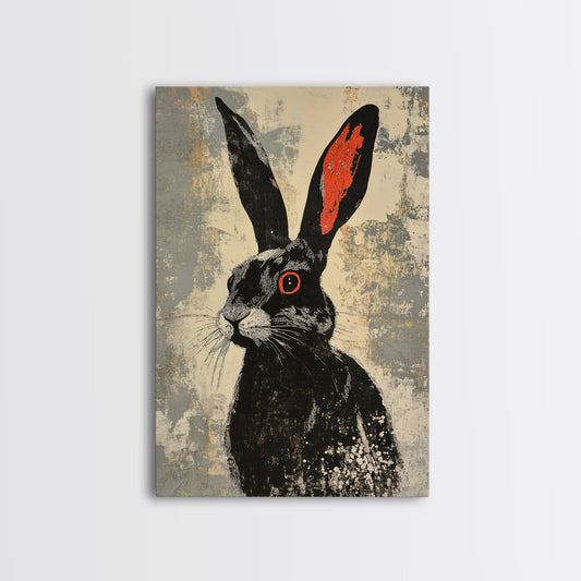 The Black Bunny, Framed Canvas Print Ready To Hang, Bunny Rabbit Art, Rabbit Painting, Minimalist Japanese Style Art