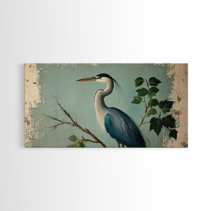 Funky Painting Print of a Blue Heron, Framed Canvas Print, Ready To Hang Wall Art, Great Blue Heron, Extra Large Bird Picture Painting