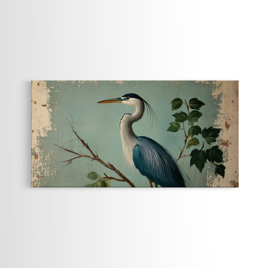 Funky Painting Print of a Blue Heron, Framed Canvas Print, Ready To Hang Wall Art, Great Blue Heron, Extra Large Bird Picture Painting