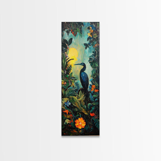 Canvas Print Whimsical Bird in Forest Rustic Wall Art Cottagecore Landscape Art Tall Skinny Art Rustic Decor Gift Idea