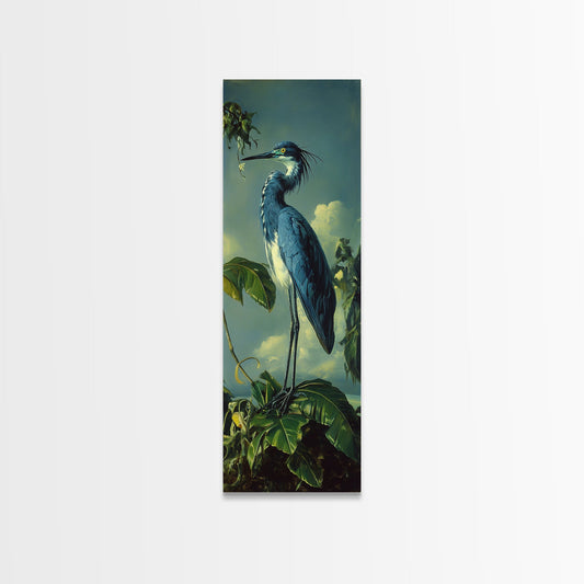Framed Canvas Print Blue Heron Landscape Bird Art Coastal Decor Tall Narrow Art Whimsical Wall Art Cottagecore Gift Idea Bedroom Art