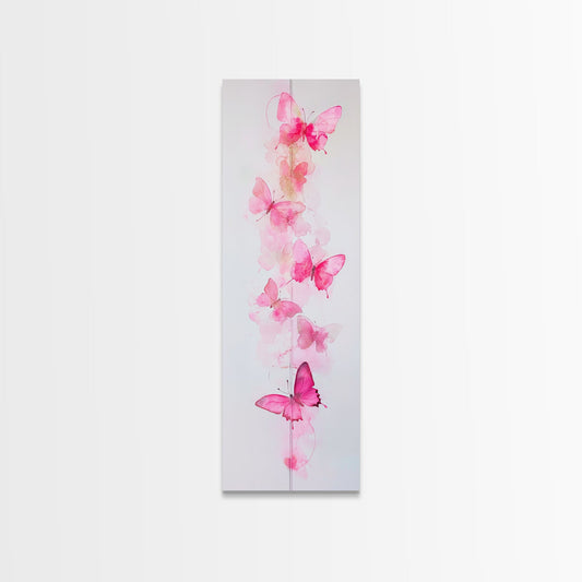 Pink Butterfly Minimalist Art Framed Canvas Print | Cottagecore Rustic Vertical Wall Art | Feminine Aesthetic Bedroom Decor