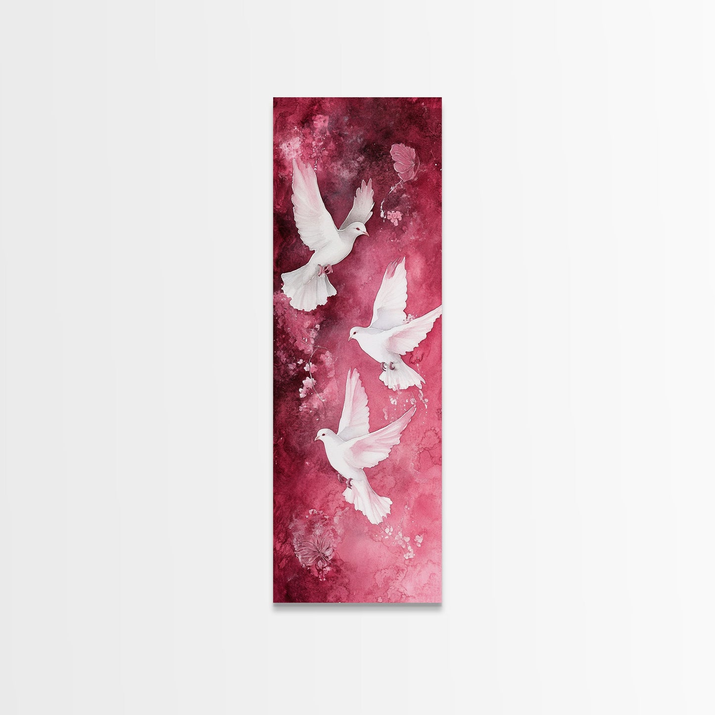 White Doves Canvas Print - Angel Art Prints on Burgundy Background, Symbolic Bird Art, Light Pink Abstract Vertical Wall Decor