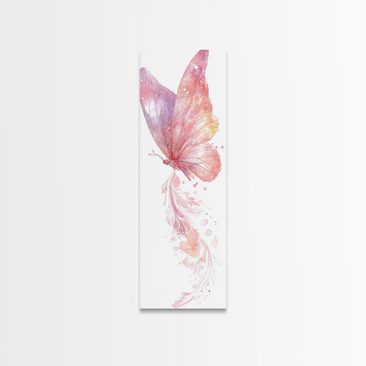Butterfly Watercolor Canvas Print Whimsical Pink Wall Art Light Cottagecore Bedroom Decor Feminine Nature Above Couch Vertical Art