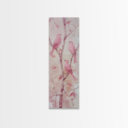 Watercolor Pink Bird Art Framed Canvas Print Birch Tree Painting Rustic Decor Bedroom Artwork Wildflower Art Vertical Wall Decor