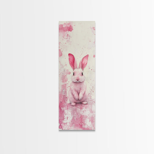 Pink Bunny Rabbit Framed Canvas Print, Cottagecore Whimsical Art for Kids Room, Light Pink Rustic Animal Wall Art for Nursery Decor