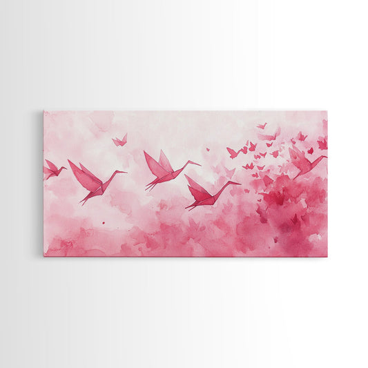 Origami Crane Watercolor Framed Canvas Print, Whimsical Pink Abstract Art, Minimalist Bird Wall Art, Cottagecore Decor, Bedroom Artwork