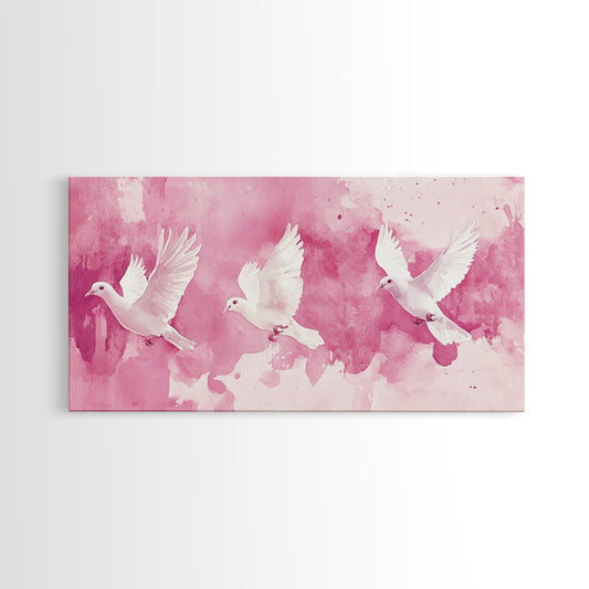 White Dove Flight Canvas Print | Angel Art Prints | Light Pink Wall Art | Minimalist Bird Art | Whimsical Living Room Decor Wall Art